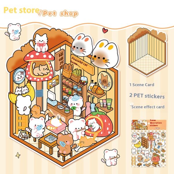 DIY 3D scene stickers for the Food Town: Four Fun Stores (Dessert house, Rice Noodle Shop, Pet Store, Izakaya)