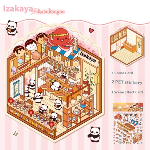 DIY 3D scene stickers for the Food Town: Four Fun Stores (Dessert house, Rice Noodle Shop, Pet Store, Izakaya)