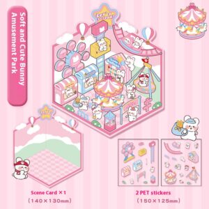 Dreamy Land DIY 3D Scene Stickers Four Cute pet Parks (Soft and adorable Rabbit Amusement Park, CAPYBARA Hot Spring, DODO Panda Tea House, Pony Lily Magic House)