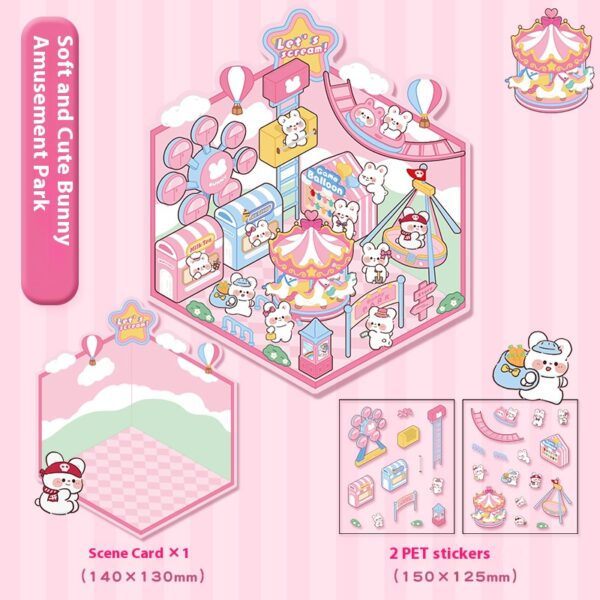 Dreamy Land DIY 3D Scene Stickers Four Cute pet Parks (Soft and adorable Rabbit Amusement Park, CAPYBARA Hot Spring, DODO Panda Tea House, Pony Lily Magic House)