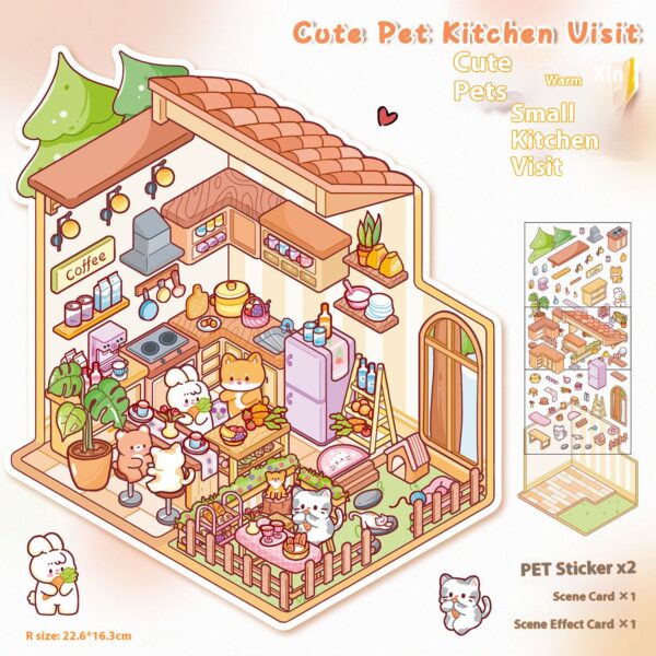DIY 3D scene stickers for Cute Pet Town: Four Cute Pet Shops (Cute Pet Warm Kitchen, Cute Pet Coffee House, Bear Detective Agency, Hot Pot Shop)