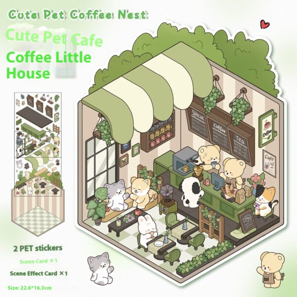 DIY 3D scene stickers for Cute Pet Town: Four Cute Pet Shops (Cute Pet Warm Kitchen, Cute Pet Coffee House, Bear Detective Agency, Hot Pot Shop)