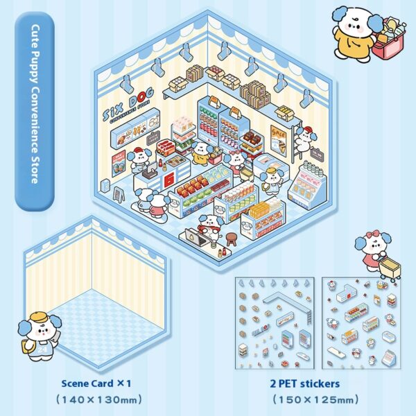 DIY 3D scene stickers for Plush Friends Town: Four Fairy tale Stores (Honey Pot Bear Bakery, Pink Rabbit Clothing Store, Kapipala Fast Food Restaurant, Cute Puppy Convenience Store)