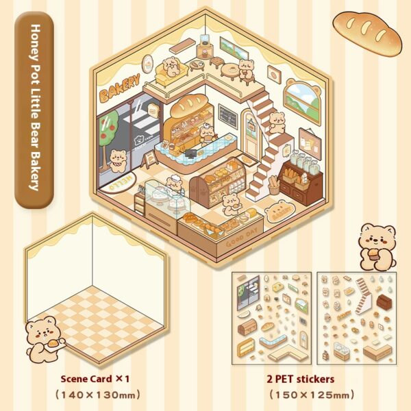 DIY 3D scene stickers for Plush Friends Town: Four Fairy tale Stores (Honey Pot Bear Bakery, Pink Rabbit Clothing Store, Kapipala Fast Food Restaurant, Cute Puppy Convenience Store)